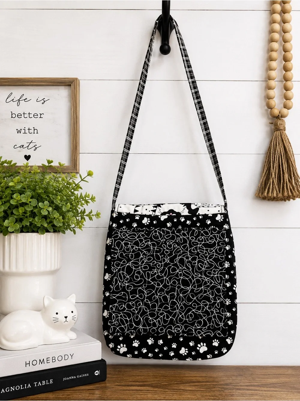 Cat Lover Crossbody Purse Black White Fabric Kitty Paw Print Bag